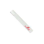 Silver sharpener with red lettering against a white background 