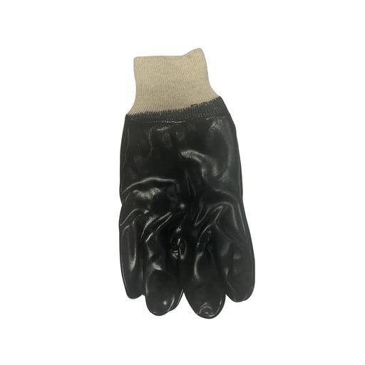 Black rubber glove with beige cuff on a white background
