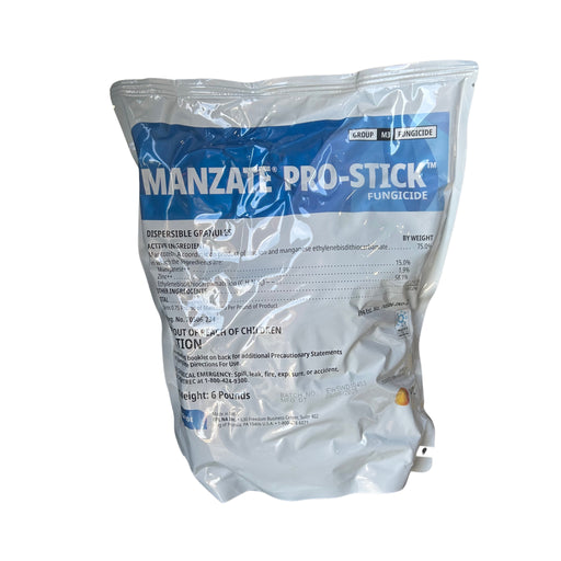a white bag of Manzate Pro-Stick Fungicide with black writing and a blue banner against a white background