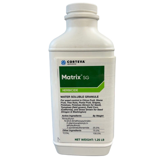 White bottle of Matrix SG herbicide with Corteva label on a white background