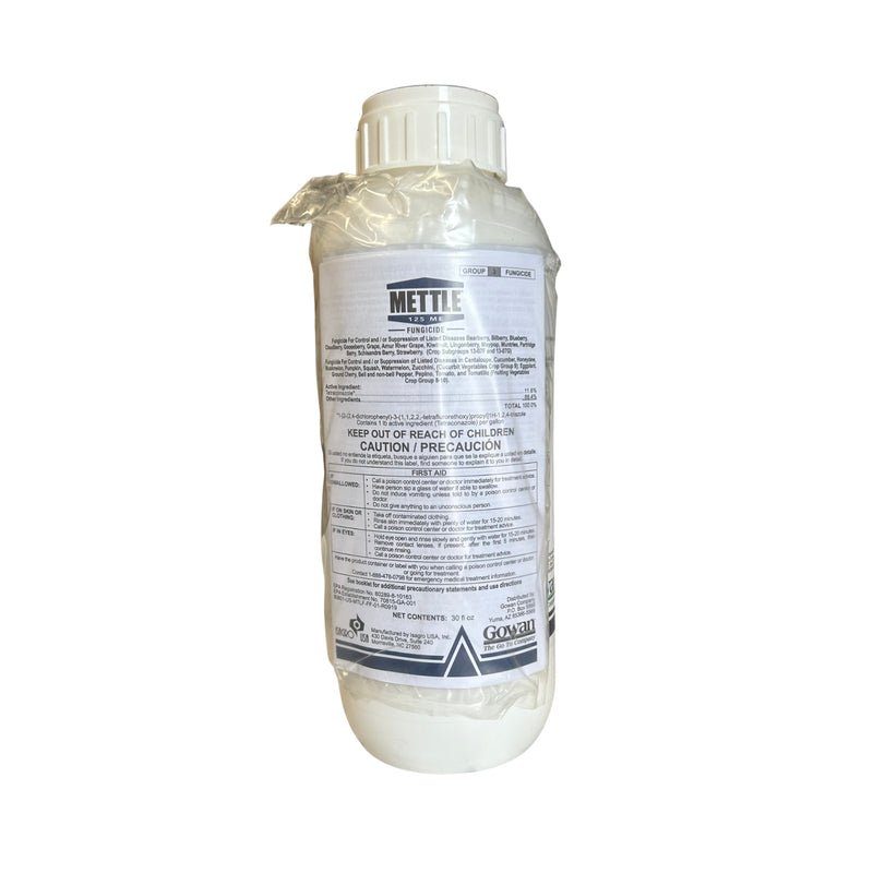 A white  bottle of Mettle 125 ME Fungicide with a screw top lid and a white label with black writing against a white background