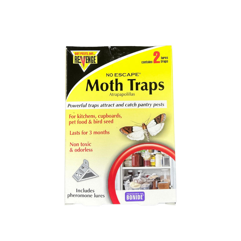 A black and yellow box of Revenge No Escape Moth Traps against a white background