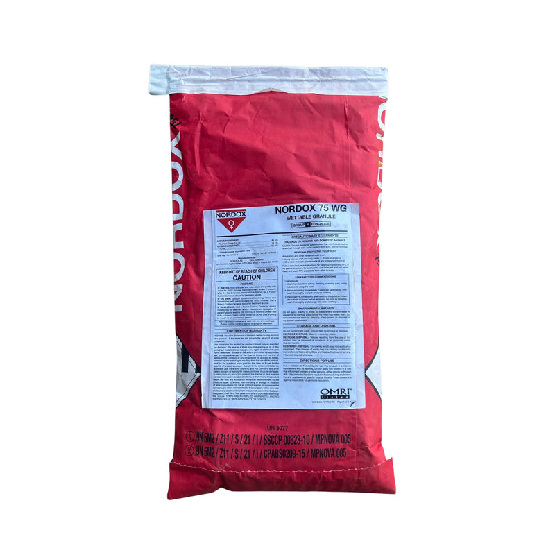 A red bag of Nordox 75 WG wettable powder fungicide, featuring a white label with black text isolated on a white background.