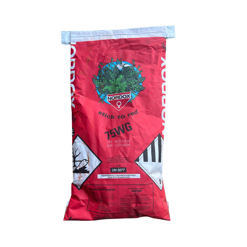 a red bag of Nordox Copper Fungicide with black and white writing against a white background