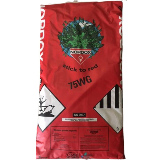Red bag of Nordox 75WG with branding and warning labels on a white background