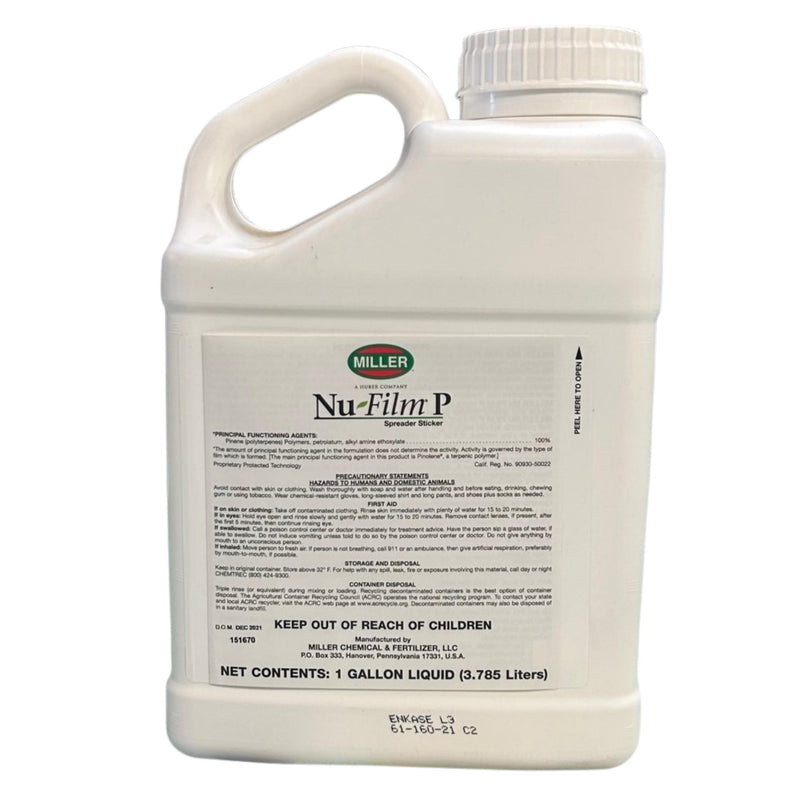 White gallon container of Miller Nu-Film P on a white background