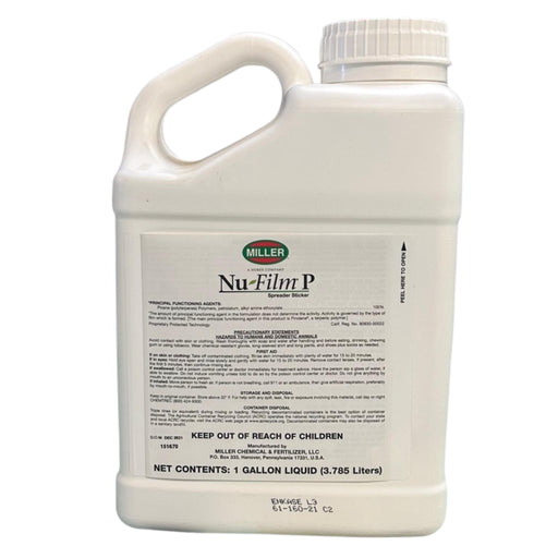 White gallon container of Miller Nu-Film P on a white background