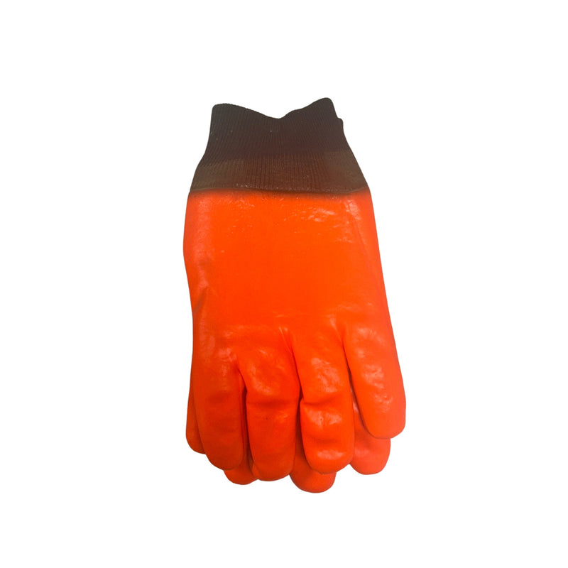 Orange work glove with black cuff on a white background