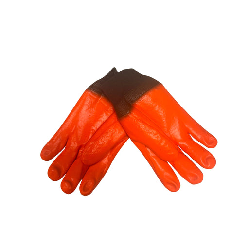 Pair of orange gloves with brown wristbands on a white background