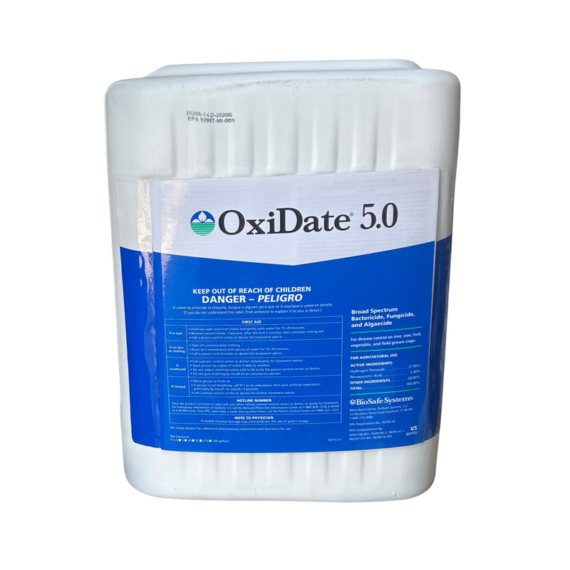 A large white plastic bucket of OxiDate 5.0 liquid oxidizer with a blue and white label, isolated on a white background.