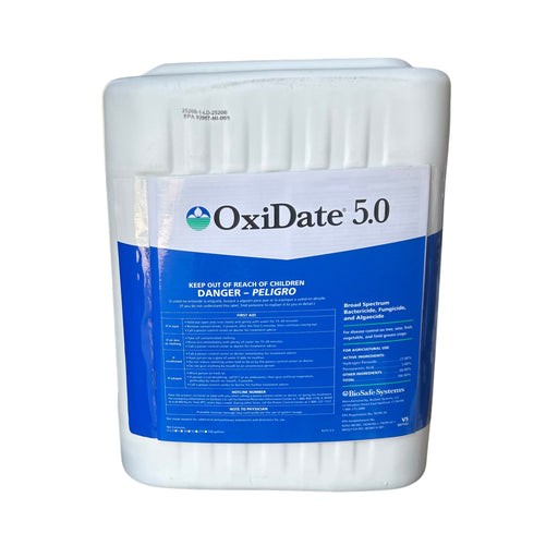 A large white plastic bucket of OxiDate 5.0 liquid oxidizer with a blue and white label, isolated on a white background.