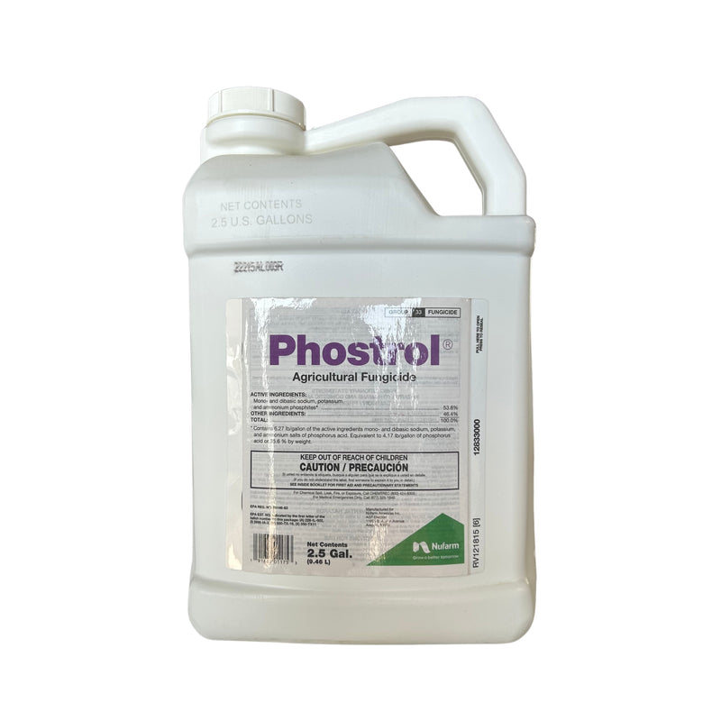 A 2.5-gallon white plastic jug of PhosStrol Agricultural Fungicides on a plain white background.
