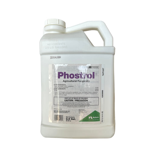 A 2.5-gallon white plastic jug of PhosStrol Agricultural Fungicides on a plain white background.