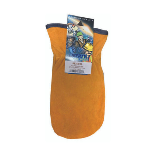 Orange mitt with a Liberty product tag on a white background
