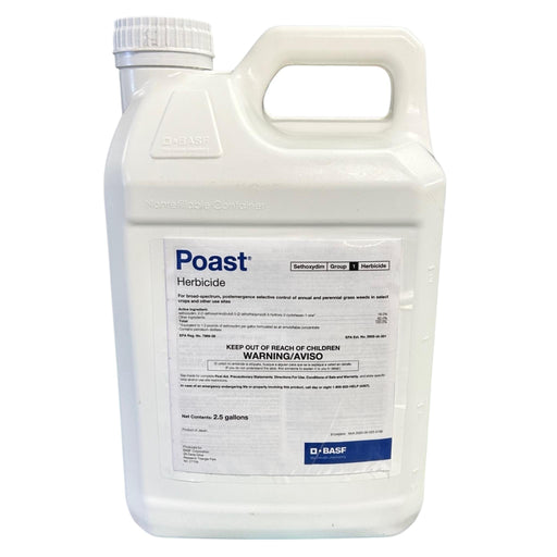 A white jug of Poast herbicide on a white background.
