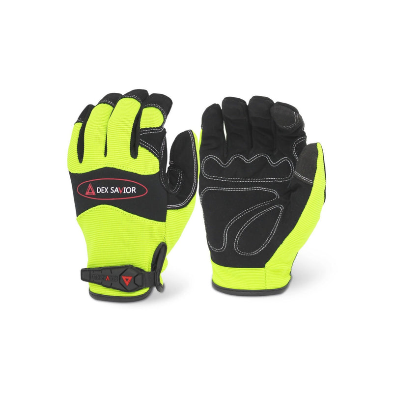 Yellow and black gloves against a white background