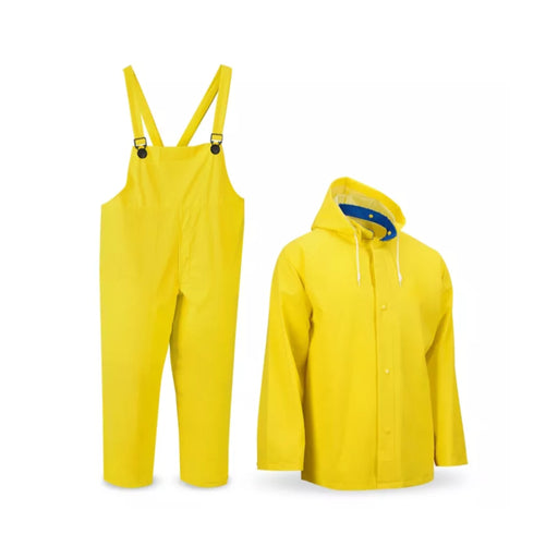 Yellow overalls and jackets with hood against a white background