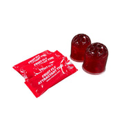 Two red fruit fly attractant traps next to a red packaging sleeve on a white background