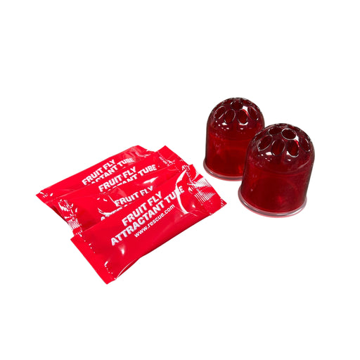 Two red fruit fly attractant traps next to a red packaging sleeve on a white background