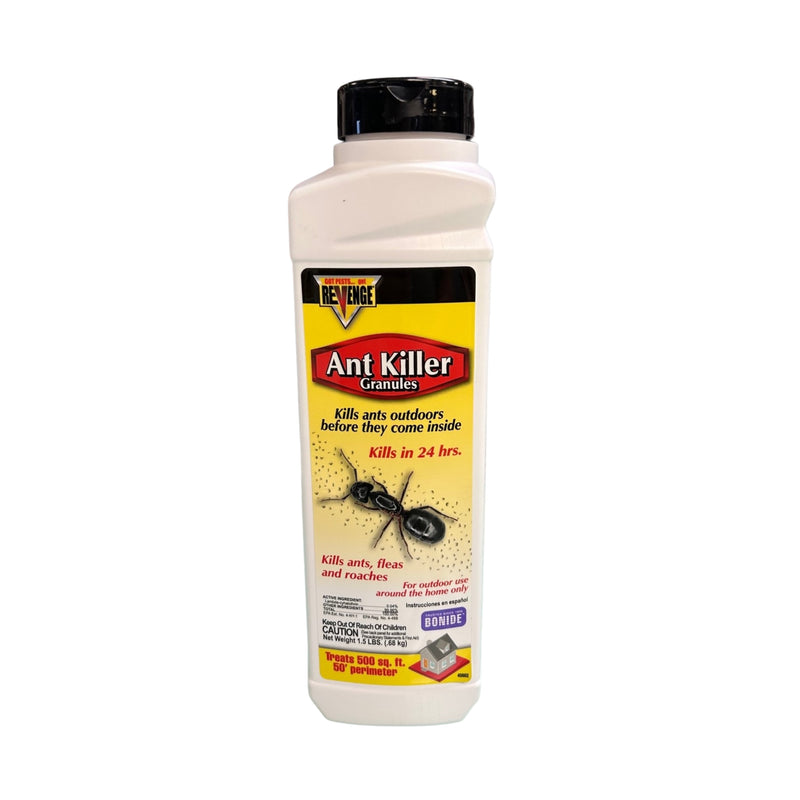 White bottle of Revenge Ant Killer with a black lid against a white background