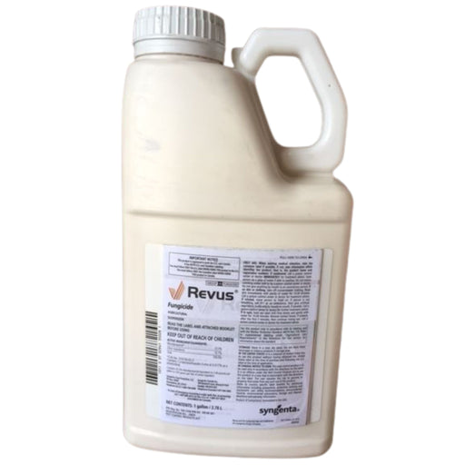 White bottle of Revus fungicide with a label on a white background