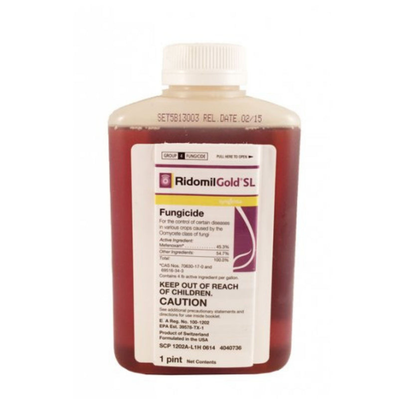 Bottle of Ridomil Gold SL fungicide on a white background