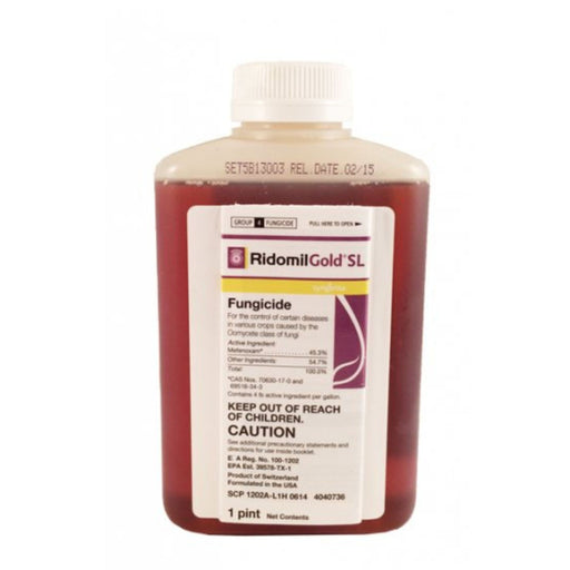 Bottle of Ridomil Gold SL fungicide on a white background