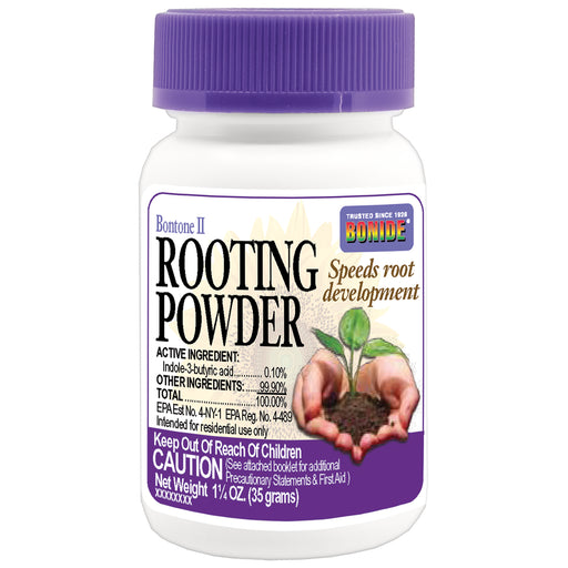 Bottle of Bonide Rooting Powder with purple cap on a white background