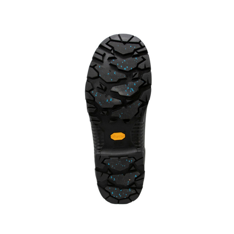 Close-up of a black boot sole with a yellow label on a white background