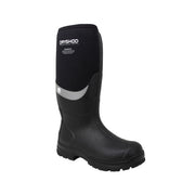 Black rubber boot with reflective strip on a white background