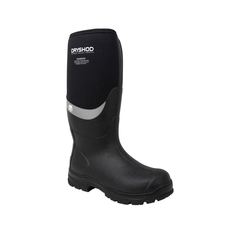Black rubber boot with reflective strip on a white background