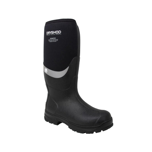 Black rubber boot with reflective strip on a white background