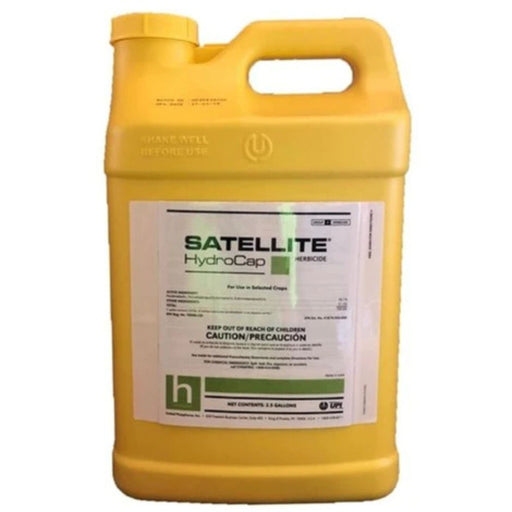 Yellow container of Satellite HydroCap herbicide on a white background