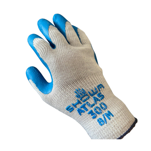 a white glove with blue writing and blue finger tips against a white background