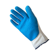 A single work glove with a bright blue textured nitrile palm and fingers, and a white knit cuff with a dark blue edge, shown on a plain white background.