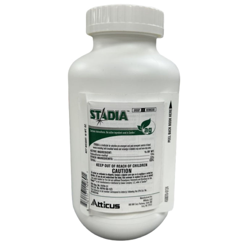 White jug of Stadia Herbicide with an Atticus label on a white background