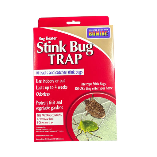 Bug Beater Stink Bug Trap packaging with red and beige design on a white background