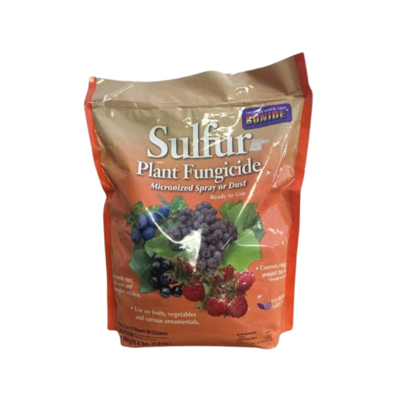 An orange bag of Sulfur Plant Fungicide with fruit graphics against a white background