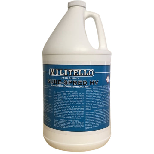 White bottle of Militello Sure Spred HV with a blue label on a white background
