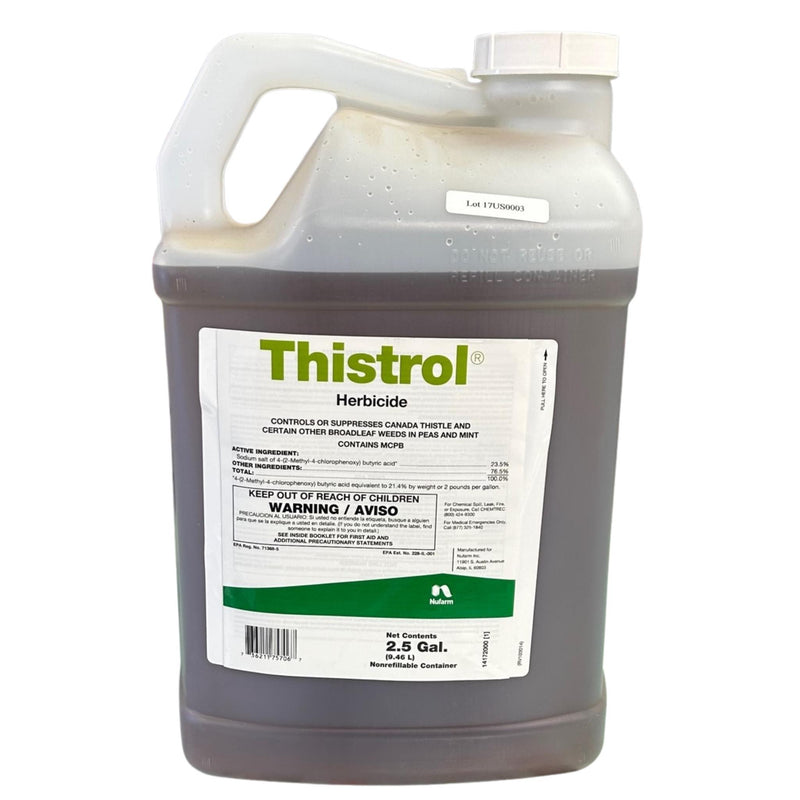 A clear bottle of Thistrol Herbicide with a Nufarm label on a white background