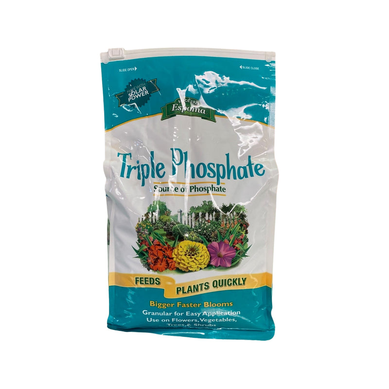 Bag of triple phosphate fertilizer with gardening graphics on a white background