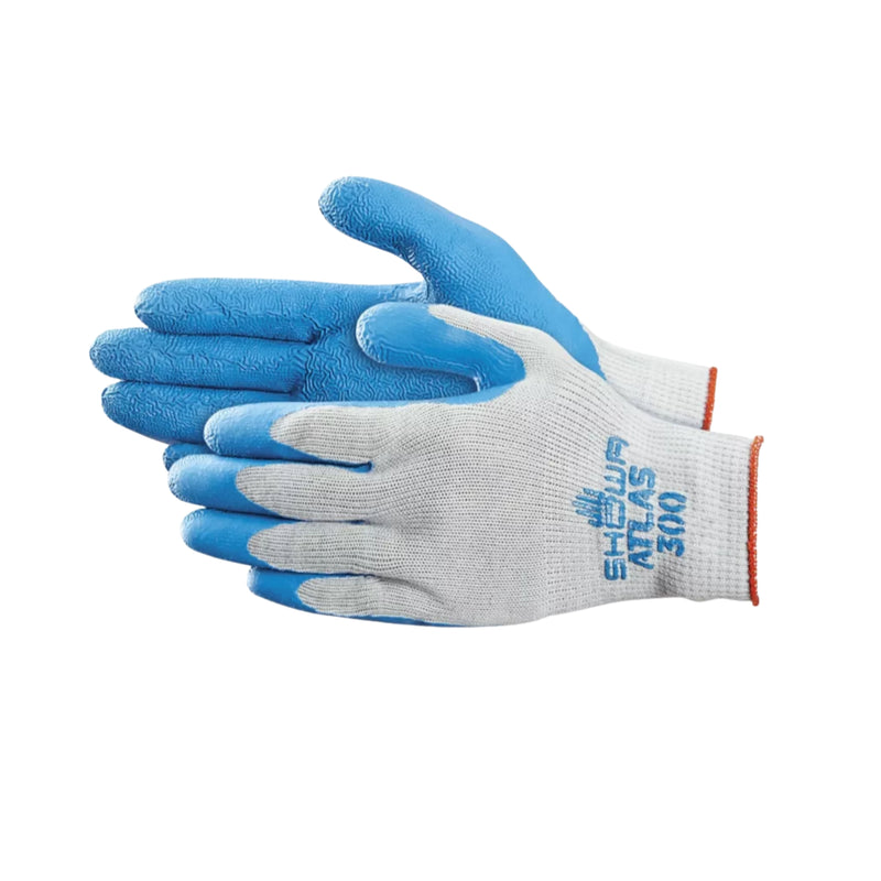 Pair of blue and gray gloves with 'Showa Atlas' branding on a white background