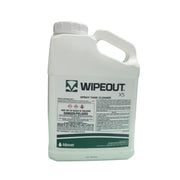 A white plastic jug of Wipeout X5 Spray Tank Cleaner by Adjuvant, featuring a white cap, integrated handle, and a white label with green and black text and graphics.