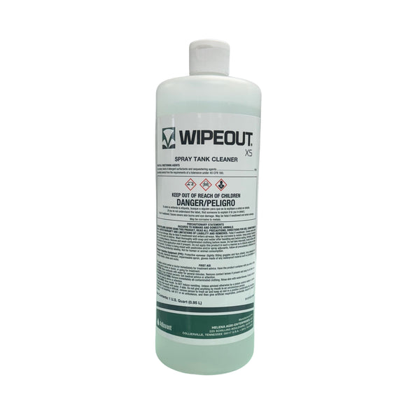 A white plastic bottle of Wipeout X5 Spray Tank Cleaner by Adjuvant, featuring a white cap, integrated handle, and a white label with green and black text and graphics.