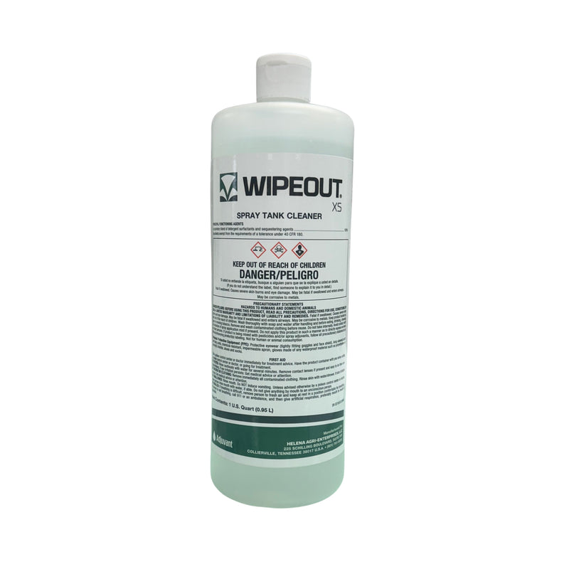 A white plastic bottle of Wipeout X5 Spray Tank Cleaner by Adjuvant, featuring a white cap, integrated handle, and a white label with green and black text and graphics.