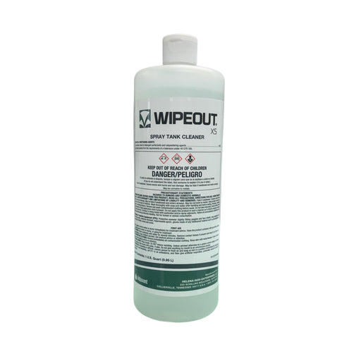 A white plastic bottle of Wipeout X5 Spray Tank Cleaner by Adjuvant, featuring a white cap, integrated handle, and a white label with green and black text and graphics.