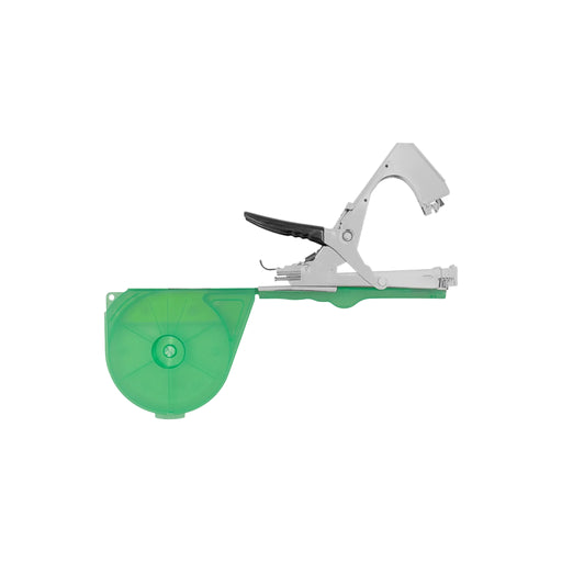 Green and silver tying tape dispenser on a white background
